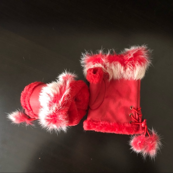NWT red fingerless gloves real angora fur vegan suede mittens - Picture 3 of 7